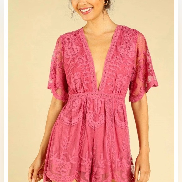 Honey Punch Pants - Honey Punch Pink Lace Plunge V-Neck Romper